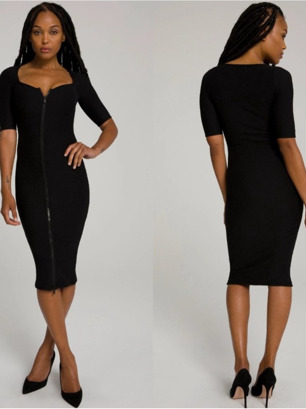 Good American Black Zip-Front Ribbed Midi Dress